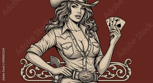 Illustration of a confident woman wearing a cowboy hat holding cards