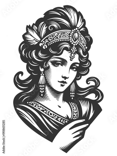 regal woman wearing a jeweled tiara and earrings, holding a fan with a graceful expression sketch engraving generative ai fictional character vector illustration. Scratch board. Black and white image.