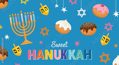 Celebrating Hanukkah with traditional sweets and symbols in a vibrant cultural display