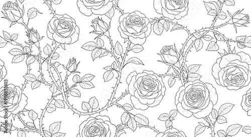 Elegant rose vines with blooming flowers and leaves illustration on a seamless pattern