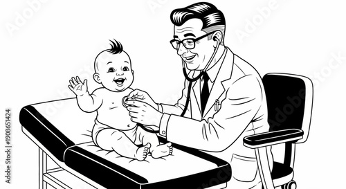 A doctor examines a baby on an examination table with a stethoscope in a medical office setting from a front view