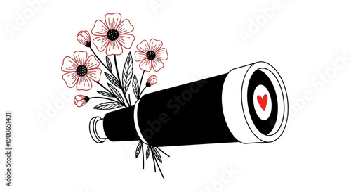 Illustration of flowers wrapped around a camera lens with a heart in the center, viewed from the side