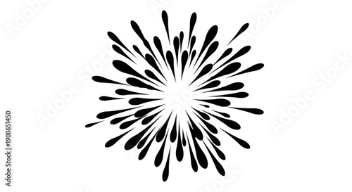 Abstract illustration of a dynamic explosion with splattered elements from a central point, showcasing motion and energy, viewed directly from the front