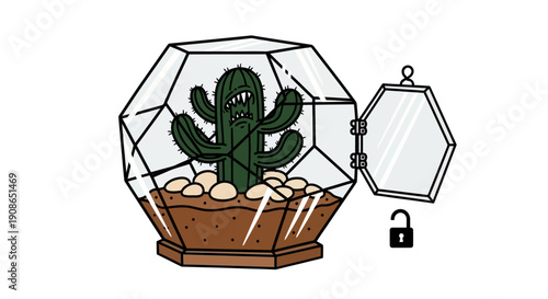 A cactus in a terrarium with rocks and a mirror reflection, secured with a lock, in a simple illustration style