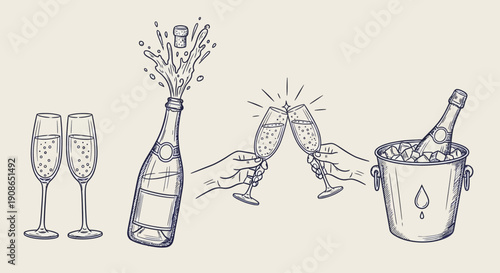Celebration scene with champagne bottle, glasses, and ice bucket, showcasing a festive atmosphere and joyful toasting moment