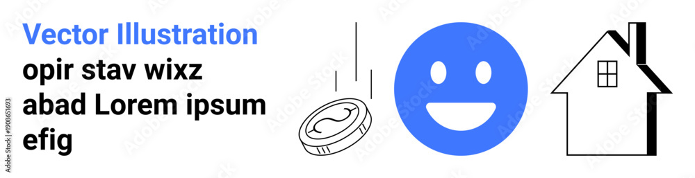 Fototapeta premium Happiness, finance, real estate, savings, success, homeownership. happy face, falling coin and house icon. Happiness and finance concepts illustrated with clean symbolic visuals