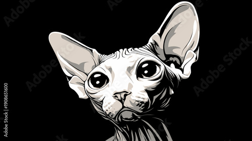Dramatic grayscale vector illustration of a hairless Sphynx cat with big eyes on a black background. Unique pet art.