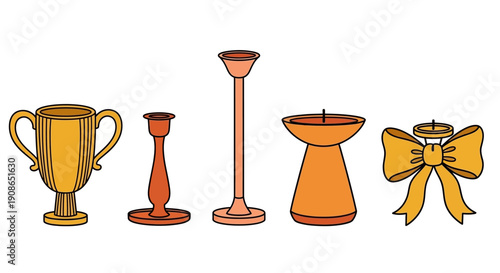 Collection of golden trophy and orange candle holders with a decorative bow illustration