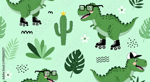 Dinosaurs on roller skates amidst cacti and leaves in a whimsical illustration