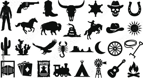 Wild west silhouette icon vector collection featuring cowboy, sheriff, horse, cactus, skull and desert symbols, black western elements for logos, branding and design