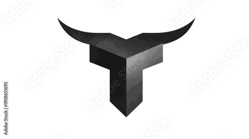 Abstract black 3D graphic of a stylized bull's head or horned initial T, symbolizing strength, power, and determination on white