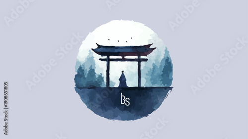 Minimalist Asian landscape illustration with a person by a traditional gate, serene misty mountains, tranquil Zen graphic design.