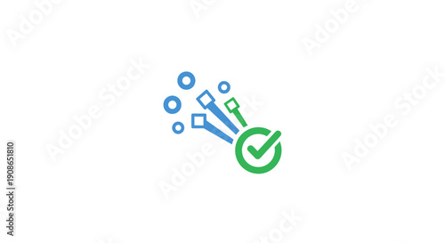 Green checkmark symbol with blue bubbles.