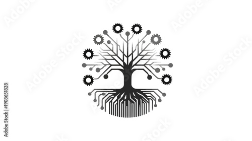 Digital tree with circuit board branches, gears, and data nodes illustrating technology, growth, innovation, and connectivity.