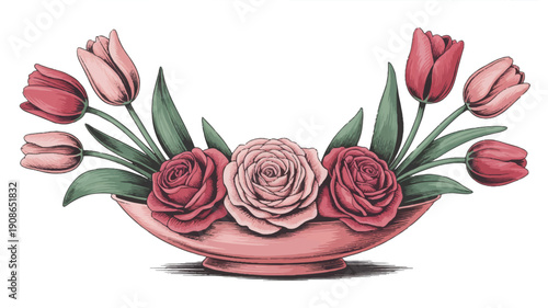Valentine's Floral Dish Vector Art: Elegant Hand-Painted Style with Romantic Flower Motifs on White Background