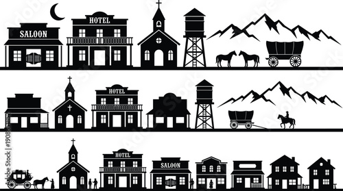 Wild West town silhouette vector set featuring saloon hotel church wagons horses and mountains, vintage western skyline illustration isolated on white for branding design