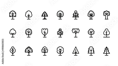 Set of diverse tree outline icons. Simple vector line art illustrations perfect for nature, forest, ecology, and plant design elements.