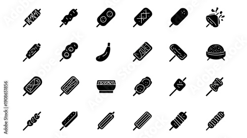 Diverse glyph icon set of street food, grilled skewers, popsicles, snacks, and sweet treats. Black silhouette vector collection.