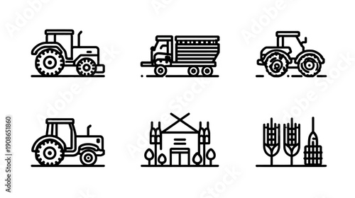 Agricultural and Farming Line Icons Set: Tractors, Farm Truck, Barn, and Wheat Harvest Symbols for Agriculture Industry