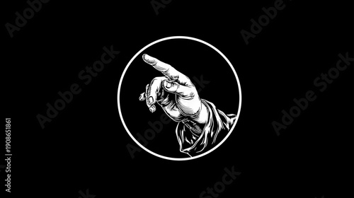 Black and white vintage engraved hand pointing gesture illustration in a white circle. Graphic design element.