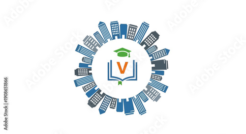 Graduation Cap on Book with Buildings.