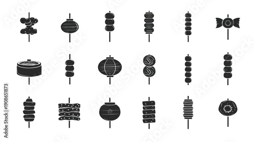 Asian Street Food Skewers Vector Icon Set. Collection of Various Grilled and Steamed Snacks on Sticks. Monochrome Culinary Illustrations.