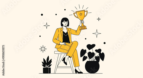 A woman celebrating success while sitting on a stool with a trophy in a minimalist environment from a straightforward viewpoint