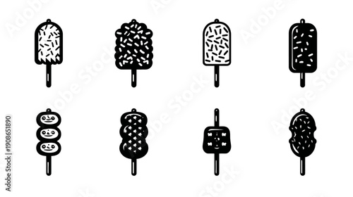 Collection of sweet dessert stick icons. Various black and white popsicles, ice cream, and skewered snacks with toppings.