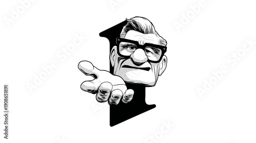 Friendly senior man character with glasses and an outstretched hand peeking from behind a large number one. Black and white vector art.