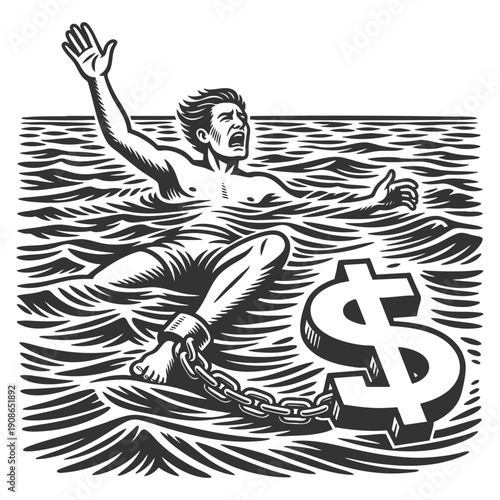 man drowning in water, chained by the leg to a heavy dollar sign, representing financial burden sketch engraving generative ai fictional character vector illustration. Scratch board. Black and white.