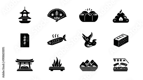 Minimalist Japanese Culture Vector Icons Set. Traditional Asian Symbols with Pagoda, Torii Gate, Fan, Food & Dragon Graphics