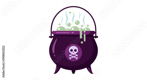 A bubbling cauldron illustration with a skull and crossbones symbol on a purple pot, emitting green fumes from the top, depicted in a digital graphic style