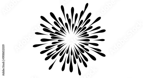 Explosion of abstract black shapes radiating from a central point in a symmetrical pattern