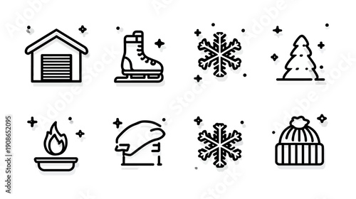 Winter Season and Sports Outline Icons Set. Collection of Vector Line Art Symbols for Cold Weather Activities and Holidays.