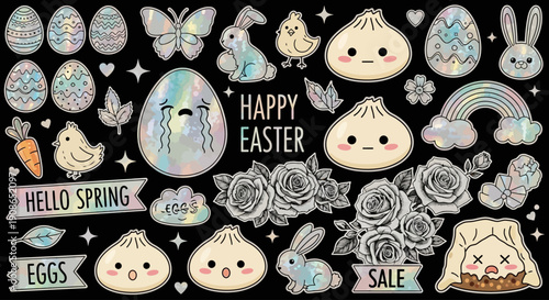 Vibrant Easter and Spring themed illustrations featuring eggs, dumplings, and flowers in a festive collection