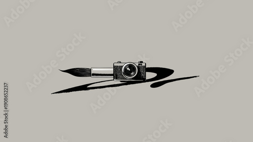 Artistic photography and art concept with a minimalist camera and paintbrush icon on a grey background