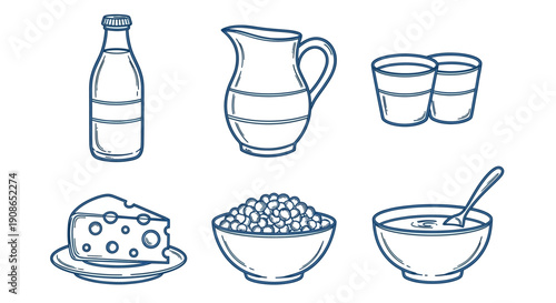 Collection of dairy products and breakfast items illustrated in simple blue outline style