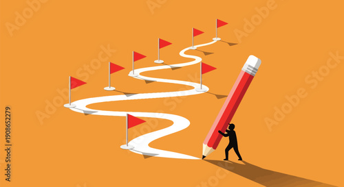 Businessman drawing winding path toward multiple goals with large pencil