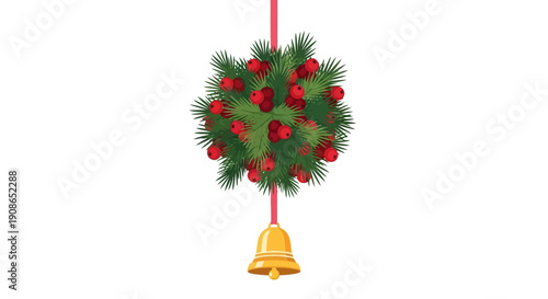 A Christmas wreath with red ornaments and a golden bell hanging from a red ribbon, viewed from the front.