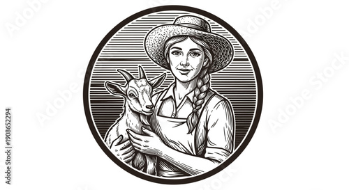 Farmer holding goat in a circular illustration viewed from the front