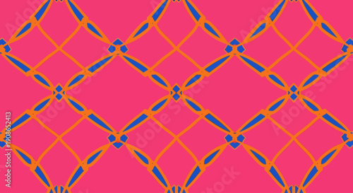 Vibrant geometric pattern featuring diamond shapes and intersecting lines on a bright pink background viewed from directly above