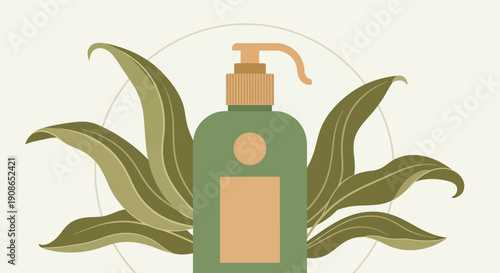 A green bottle with a pump dispenser surrounded by aloe vera leaves, showcasing natural skincare products from a close-up viewpoint.