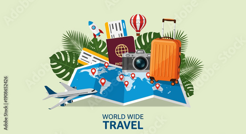 Global travel adventure illustration featuring map, camera, and transportation icons surrounded by tropical leaves and travel documents from a top-down viewpoint