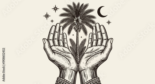 Hands cradling a mystical plant surrounded by stars and a crescent moon in a serene celestial illustration