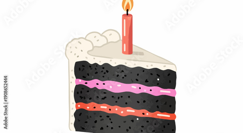 Illustration of a layered chocolate birthday cake with a lit candle on top, set against a transparent background, viewed from the front.