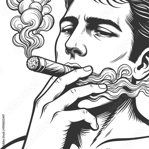 man confidently smoking a cigar, with swirling smoke patterns and intense facial expression sketch engraving generative ai fictional character vector illustration. Scratch board. Black and white image