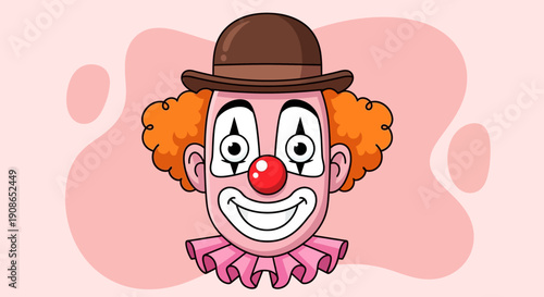 A cartoon clown with orange hair and a red nose wearing a brown hat and pink ruffled collar is centered on a pink background viewed directly from the front.