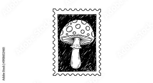 A detailed illustration of a mushroom stamp featuring a toadstool with a spotted cap and dark background