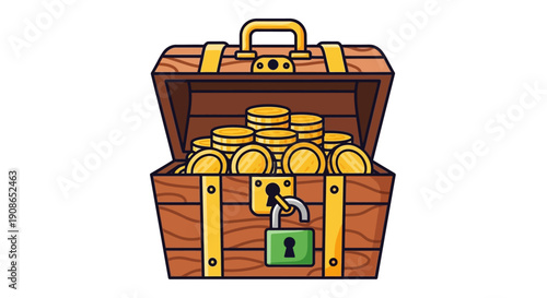 An open treasure chest filled with gold coins, secured with a lock, in a simple illustration style from a front viewpoint.