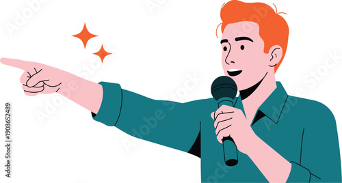 Presenter holding microphone and pointing enthusiastically